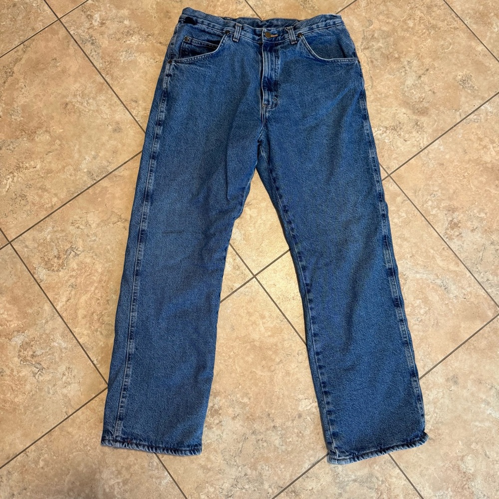 Wrangler Rugged Wear Mens‎ Red Fleece Lined Jeans Blue Denim 33213SW 34x32